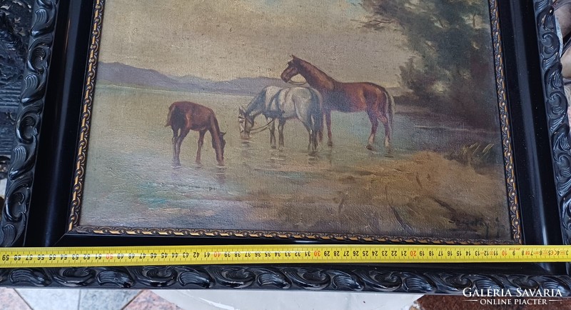 Antik lovas festmèny folyóban itatàs hangulatos olaj-vàszon festmèny