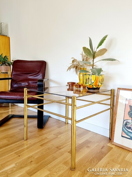 Vintage gold colored coffee table, glass table