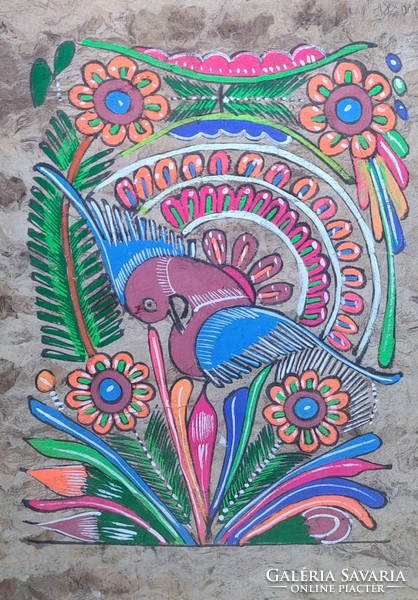 Mexican folk art painting on special paper 2. - Bird, plant, folk representation