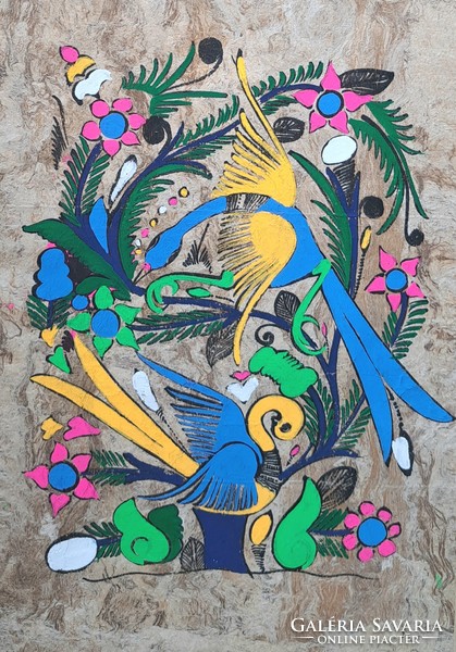 Mexikói népművészeti festmény különleges papíron 1. - madár, növény, népi ábrázolás