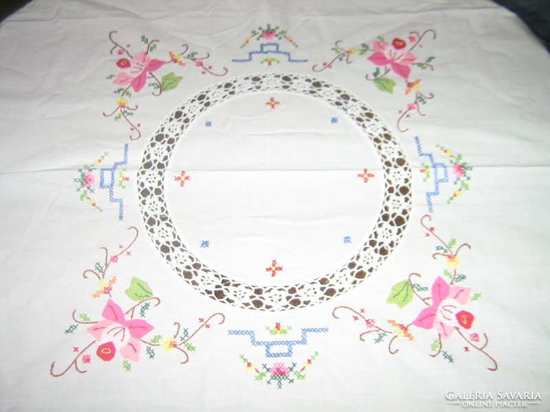 Beautiful small cross-stitch embroidered crochet and stitched floral tablecloth