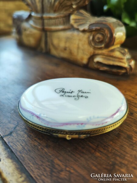 Vintage limoges hand-painted porcelain box with copper bow closure, marked, rarity