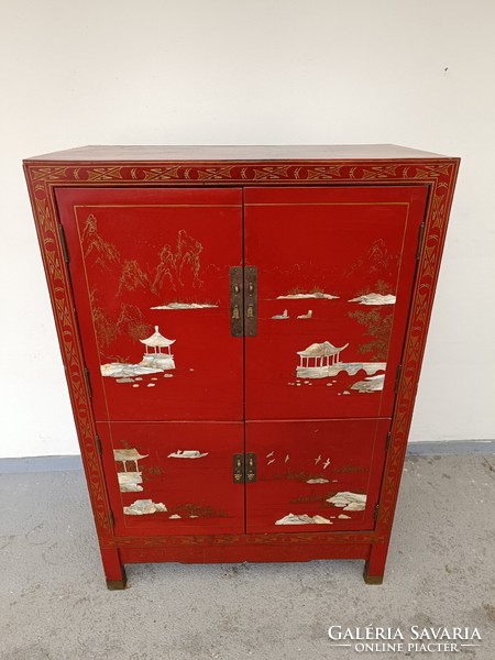 Antique Chinese furniture pagoda bird plant mother of pearl inlaid red lacquer cabinet 750 8369
