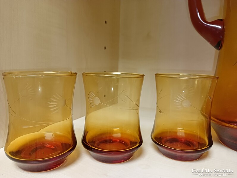 Old engraved amber glasses plus jug