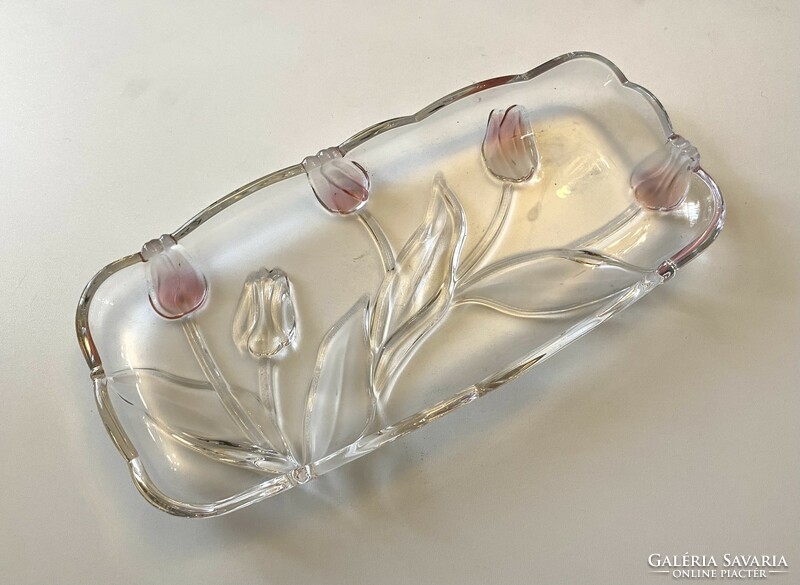 Flower-decorated acid-etched and colored glass tray 38 x 18 cm