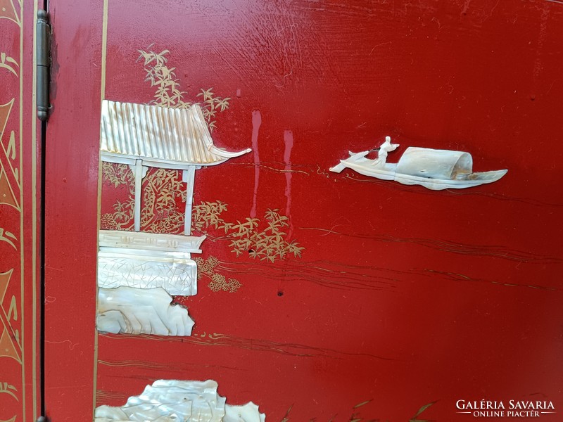 Antik kínai bútor pagoda madár növény gyöngyház berakásos vörös lakk szekrény 750 8369