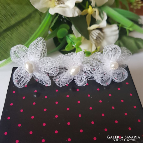 New, custom-made, beaded, white tulle flower hairpin, hair ornament
