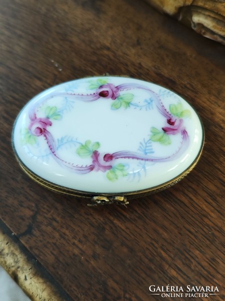 Vintage limoges hand-painted porcelain box with copper bow closure, marked, rarity