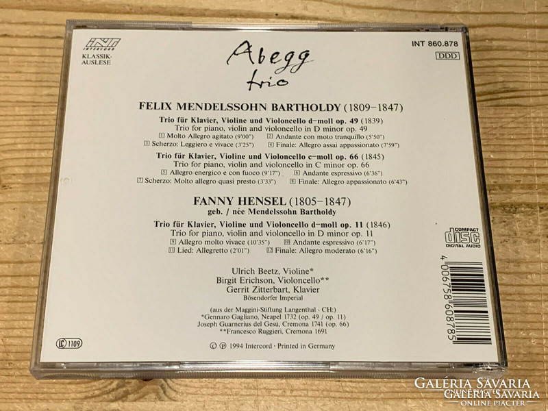 Felix & Fanny Mendelssohn zongoratrió ABEGG TRIÓ EREDETI 1994 INTERCORD CD ÚJSZERŰ