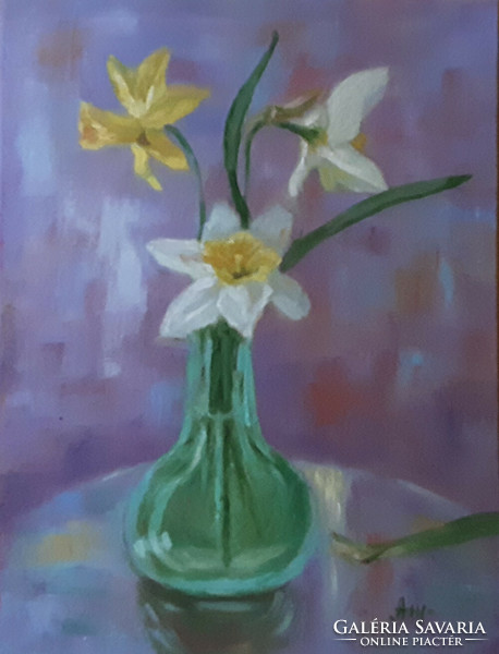 Galina Antiipina: narcissus in a vase, oil painting, canvas, 40x30cm