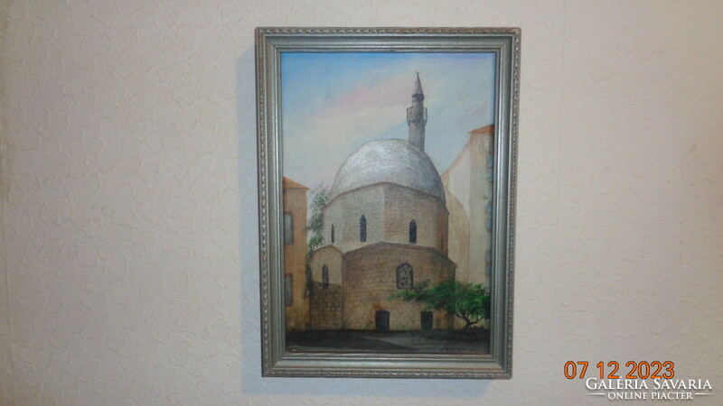 Pécs, mosque with minaret, painting, oil on canvas
