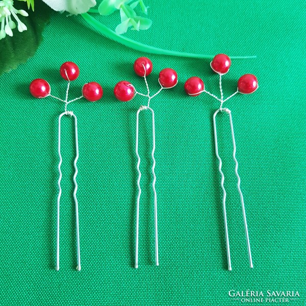 New, custom-made, red pearl bridal hairpin, wire hair ornament