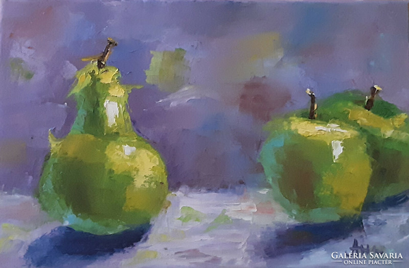 Antyipina Galina: Körte és alma, olajfestmény, vászon, festőkés, 20x30cm