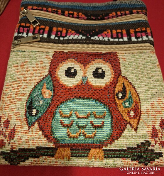 Gobelin, owl pattern textile shoulder bag, machine tapestry
