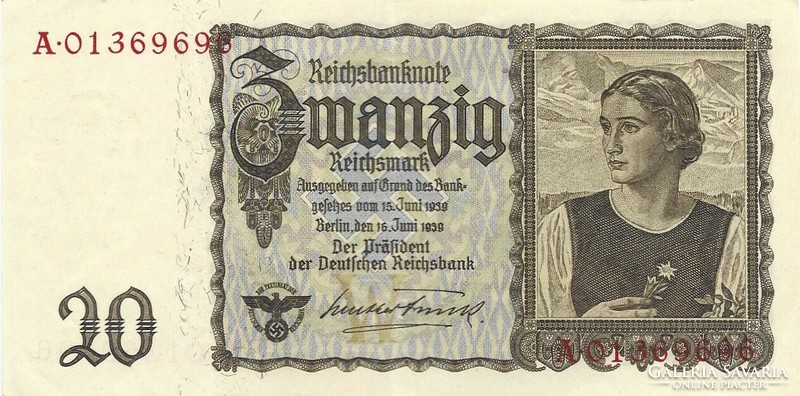 20 reichsmark horogkeresztes 1939 Németország 3. Gyönyörű sorszám. 01369696