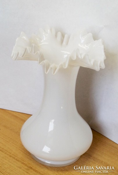 Milk glass biedermeier bohemian vase with ruffled rim 1960s Czech Republic