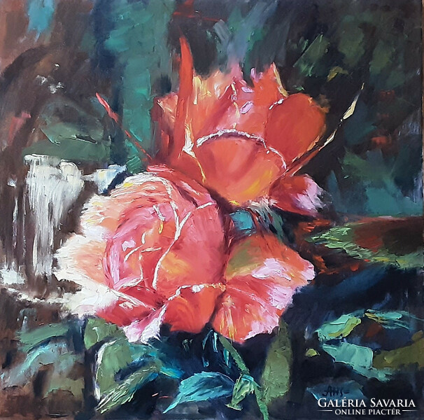 Antyipina Galina: Három rózsa. Lindsey Kustush alapján. Olajfestmény, vászon, festőkés. 58x58cm