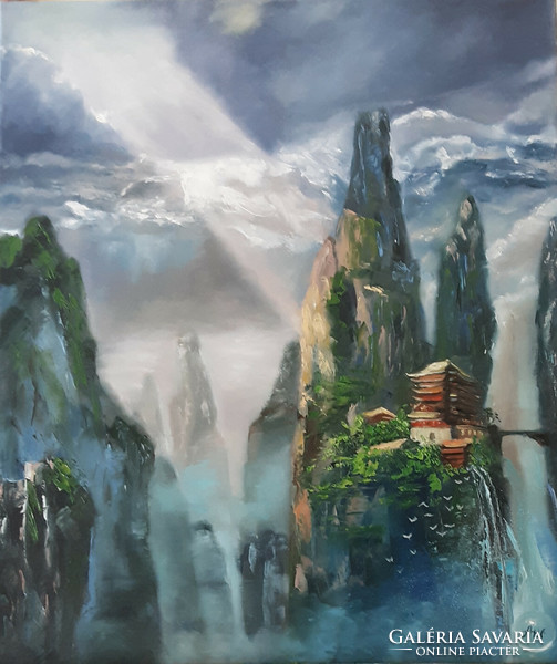 Antyipina Galina: Kínai kolostor hegyekben. Olajfestmény, vászon, festőkés. 60x50cm