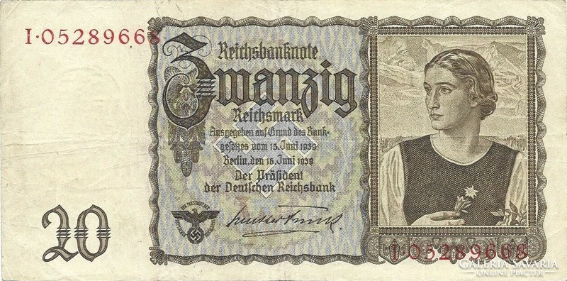 20 Reichsmark swastika 1939 Germany 1.