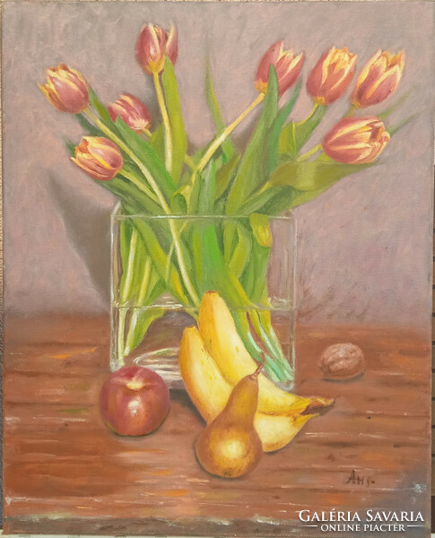 Antyipina Galina: Csendélet tulipánokkal. Olajfestmény, vászon. 50x40cm