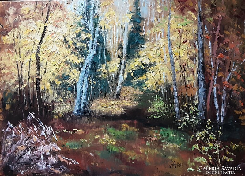 Antiypina galina: in the forest in autumn. Oil painting, canvas, painter's knife. 50X70cm