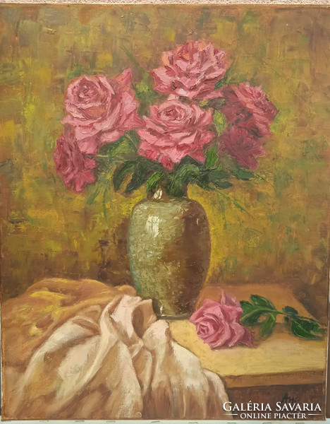 Antyipina Galina: Rózsák vázában. Olajfestmény, vászon, festőkés. 50x40cm