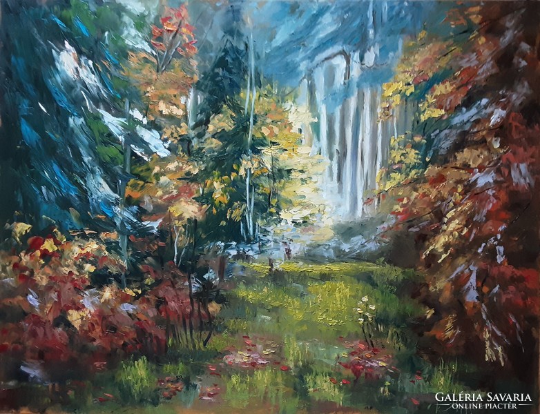 Antyipina Galina: Ősz az erdőben. Olajfestmény, vászon, festőkés. 58x75cm