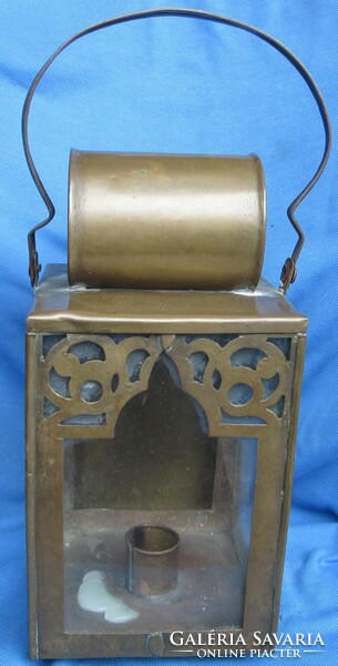 Antique portable copper candle lamp, 24 cm high without handle, 13x11.5 cm