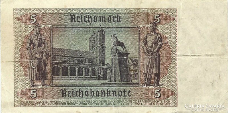 5 reichsmark horogkeresztes 1942 Németország 1. Hibás. Erősen félre vágott.