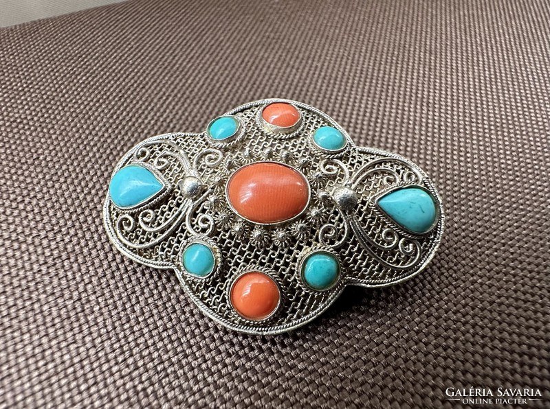Chinese export, silver filigree brooch, decorated with turquoise and red coral