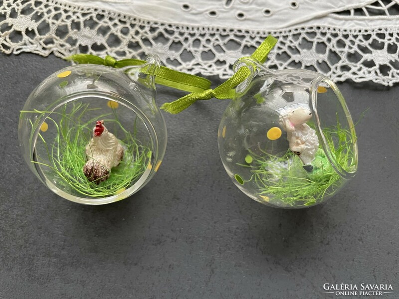 Easter, spring hanging glass ornaments with lamb and hen