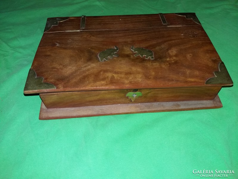 Antique book-shaped wooden gift box decorated with copper inlay (elephant, corners, strap) 19x23x6 cm