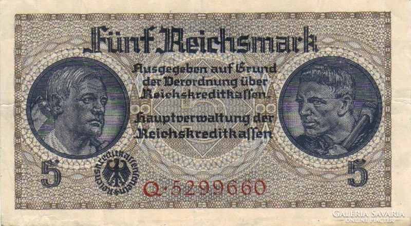 5 Reichsmark swastika 1939-45 Germany 7-digit serial number 2.