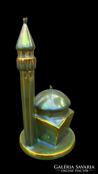 Zsolnay zöld Eozin mázas dzsámi, minarettel