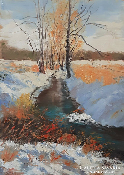 Antiipina galina: winter stream. Oil painting, canvas, painter's knife. 70X50cm