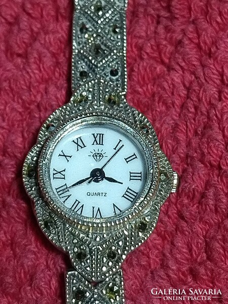 Gyönyörű régi női 925 Sterling ezüst Diamond karkötő óra markazit kövekkel