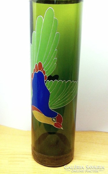 Tin-rimmed glass vase with enamel painted bird of paradise, it can be a decoration of your showcase, a retro decoration