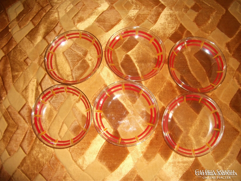 Old red striped glass compote and salad set, 6 unused