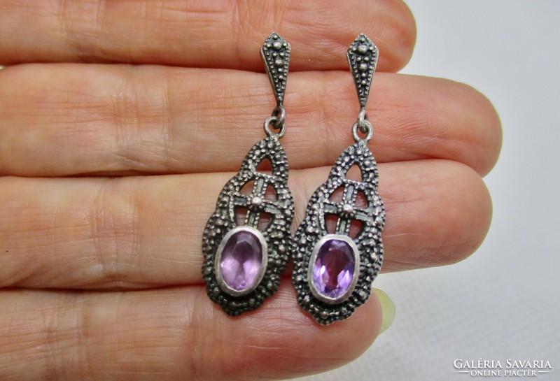 Beautiful long silver earrings with amethyst stones and marcasite