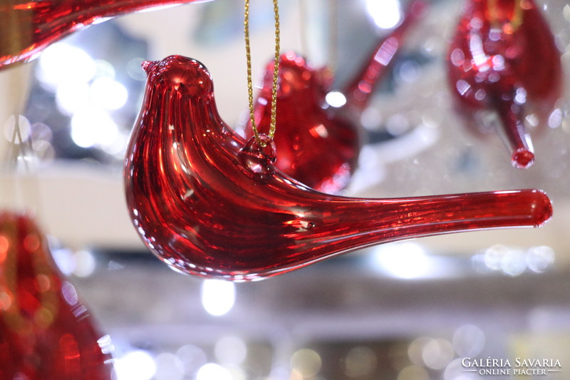 6 darab piros  színű üveg madárka karácsonyfadísz IV.