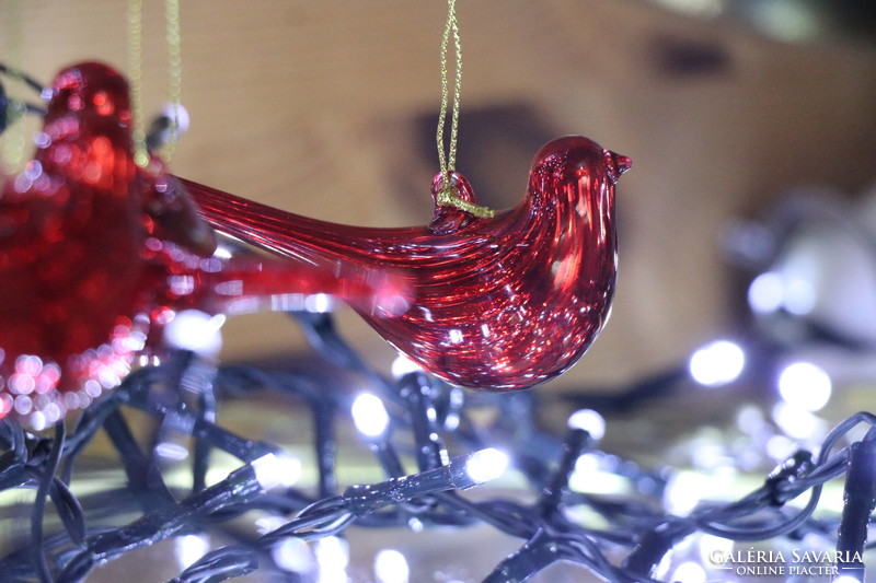 6 darab piros  színű üveg madárka karácsonyfadísz IV.