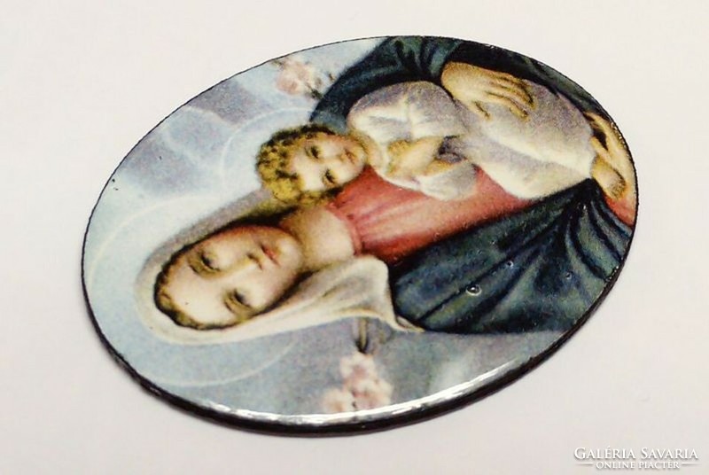 Retro fire enamel pendant Our Lady with the little one with a cherry blossom background