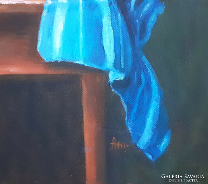Antyipina Galina: Kék csendélet. Olajfestmény, vászon. 50x40cm
