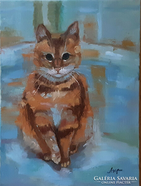 Antyipina Galina: Gyömbér macska, olajfestmény, vászon, festőkés, 40x30cm