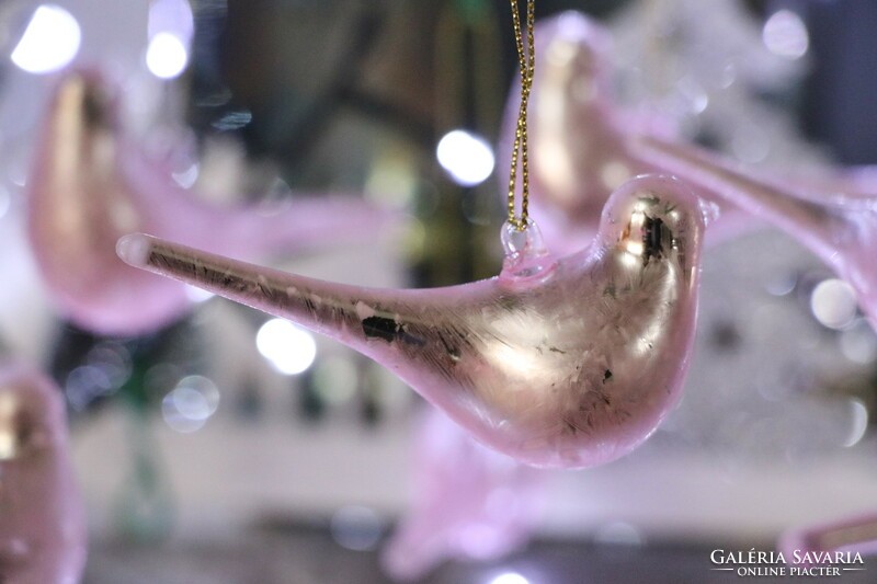 6 darab rózsaszín üveg madárka karácsonyfadísz II.