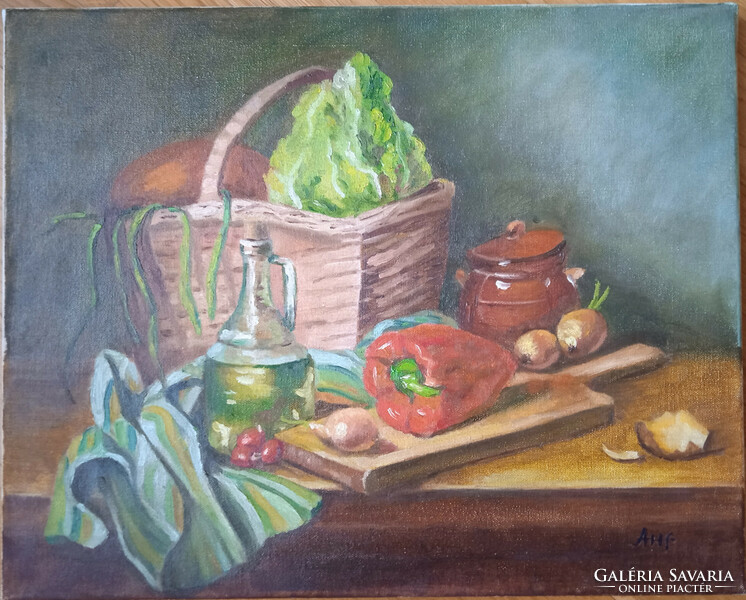 Antyipina Galina: Csendélet salatával és paprikával. Olajfestmény, vászon. 40x50cm