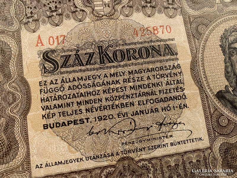 *** UNC PIROS sorszámos 1920-as 100 korona ***