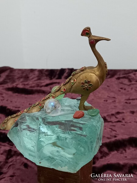 The peacock has taken off. Tahitian turquoise, copper, crystal ball and semi-precious stone composition. 17X15cm. With Signo