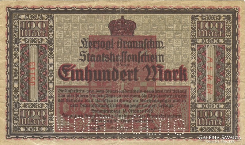 100 márka 1918.10.15.. Németország Braunschweig Nicht Gültig perforáció