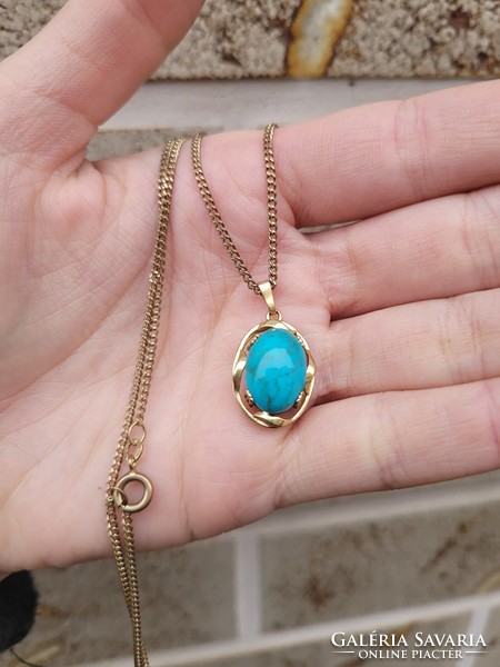Art Nouveau turquoise stone 9k gold pendant on a long gold chain!